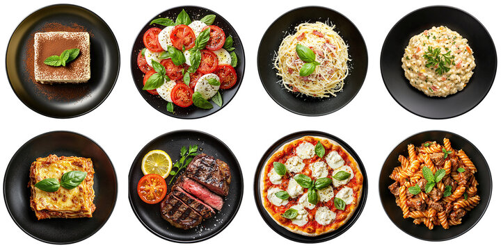 Set of fine dining restaurant dishes: tiramisu, pizza, steak, pasta, mozzarella, lasagna, isolated on transparent background PNG, clipping path, template, mockup, cut out