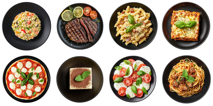 Set of fine dining restaurant dishes: tiramisu, pizza, steak, pasta, mozzarella, lasagna, isolated on transparent background PNG, clipping path, template, mockup, cut out