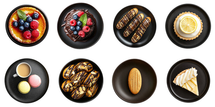 Set of haute cuisine restaurant desserts: tart, macaroon with coffee, eclair, fondant, creme brulee, isolated on transparent background PNG, clipping path, template, mockup, cut out
