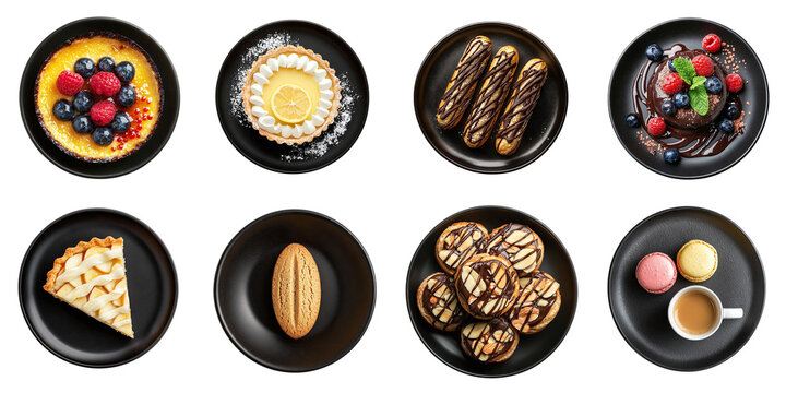 Set of haute cuisine restaurant desserts: tart, macaroon with coffee, eclair, fondant, creme brulee, isolated on transparent background PNG, clipping path, template, mockup, cut out