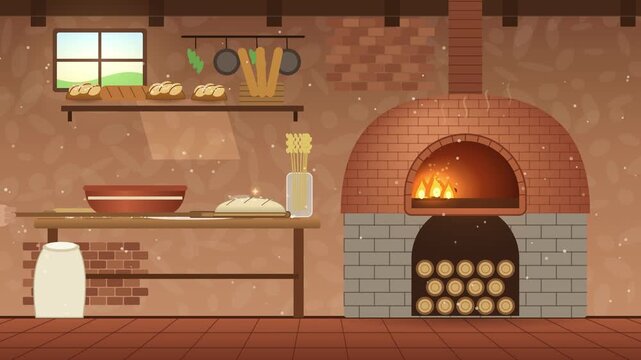Bread baking in a wood fired bakery oven, dough rises and bakes to golden crust, time lapse explainer animation 4K