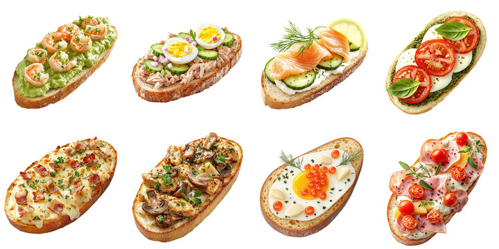 Set of sandwiches with various toppings: salmon, tuna, ham, chicken, mushrooms, mozzarella, bacon, shrimp, avocado, isolated on transparent background PNG, clipping path, template, mockup, cut out