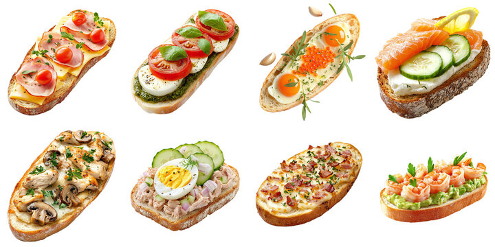 Set of sandwiches with various toppings: salmon, tuna, ham, chicken, mushrooms, mozzarella, bacon, shrimp, avocado, isolated on transparent background PNG, clipping path, template, mockup, cut out