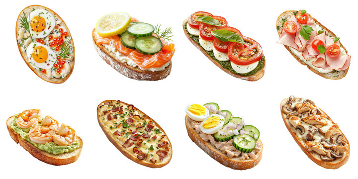 Set of sandwiches with various toppings: salmon, tuna, ham, chicken, mushrooms, mozzarella, bacon, shrimp, avocado, isolated on transparent background PNG, clipping path, template, mockup, cut out