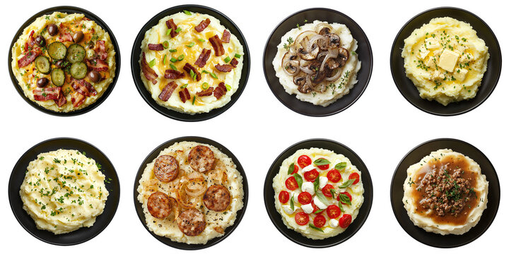 Set of potatoes with various toppings: bacon, mushrooms, butter, herbs, sausages, and mozzarella, isolated on a transparent background PNG, clipping path, template, mockup, cut out