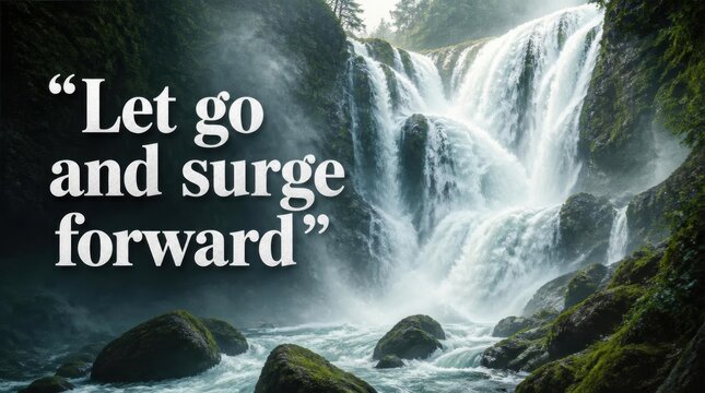 Powerful cascading waterfall flowing over moss-covered rocks with the motivational quote Let go and surge forward in a dense forest landscape with mist and white water spray.