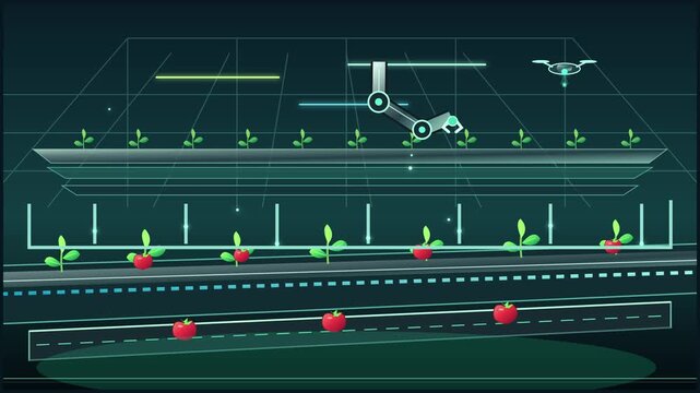 Futuristic automated greenhouse utilizing advanced agricultural technology with robotic arms and flying drones