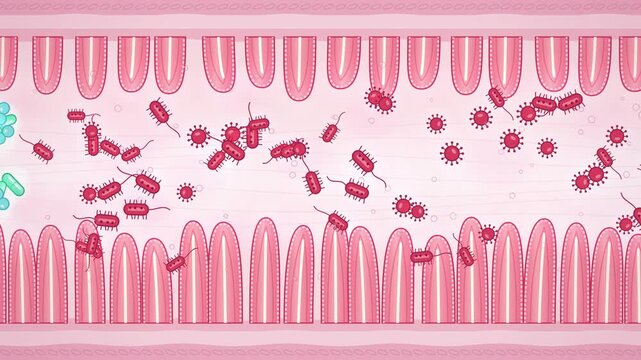 Gut microbiome animation, probiotic bacteria push out harmful bacteria among intestinal villi, healthy balanced flora 4K