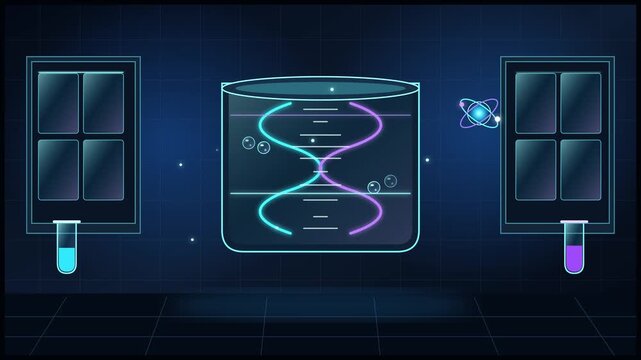 Glowing digital dna strand rotating inside futuristic laboratory container with floating atomic particles nearby