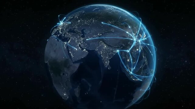 Rotating planet Earth with glowing blue global network lines in space