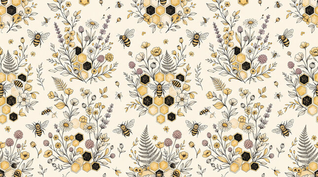 Seamless repeating pattern of cute honey bees, honeycomb shapes, tiny wildflowers and delicate leaves 