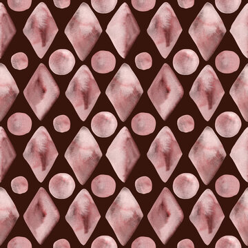 Seamless pattern watercolor geometric red rhombus dot circle on burgundy background. Hand drawn rhomb diamond geometrical illustration. For wallpaper, wrapping paper, texture, textile, design