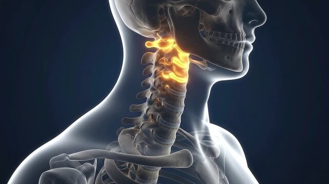 3D Anatomical Illustration of Human Cervical Spine with Glowing Vertebrae Highlighting Neck Pain and Spinal Health
