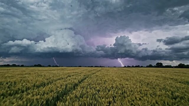 Cinematic view of a dark and ominous storm approaching a peaceful countryside landscape with dramatic cumulonimbus clouds, rolling green fields, and a moody atmosphere before heavy rainfall.