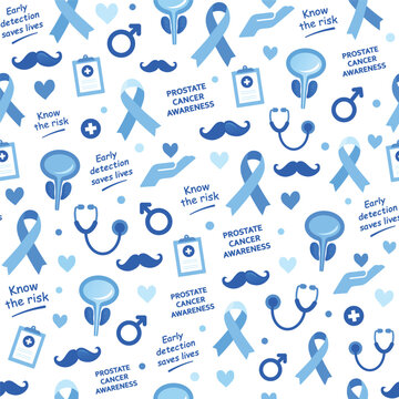 A light blue and white repeating seamless pattern featuring prostate cancer awareness ribbons, medical symbols, moustaches, and supportive messages promoting early detection and men&rsquo;s health awareness