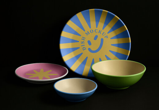 Colorful Dish Set Mockup PSD With Playful Sunburst Design