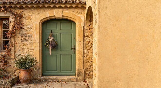 Sage green wooden door in an arched stone doorway with dried lavender and olive bouquet, terracotta urn with olive plant and ochre plaster wall - Mediterranean countryside home entrance with copy spac
