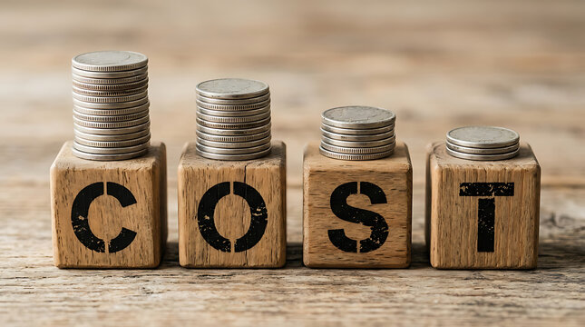 Cost reduction concept with stacked coins on wooden blocks spelling COST