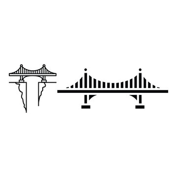Architectural suspension bridge and canyon gap crossing icons in minimalist silhouette vector style for logistics and transportation branding