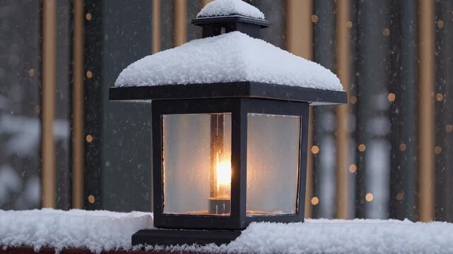 Snow capped garden lantern emits warm light. Falling flakes blur in front of glass panes, and quiet outdoor setting feels cold and still with snowy ledge and soft background glow around metal frame.