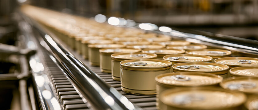 Flat, oval product cans travel down an automated assembly line. The scene shows detailed features of metal cans under bright factory lighting