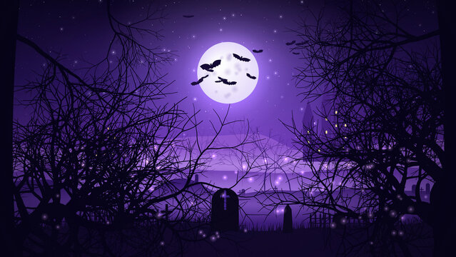 Spooky Purple Full Moon Halloween Graveyard Landscape