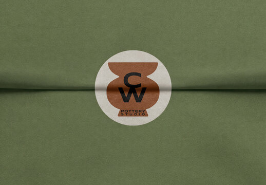Minimal Pottery Studio Logo Mockup PSD On Green Folded Paper Background