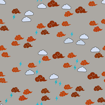 Seamless pattern of stylized clouds and lightning bolts