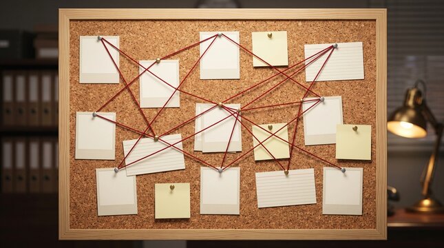 Detective bulletin board with blank photos and red string on cork, mystery investigation mockup with index cards and sticky notes in vintage office for unsolved crime case evidence banner
