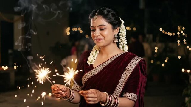Indian woman holding glowing sparklers in traditional velvet saree, cinematic close-up, Happy Diwali video, Diwali celebration, Diwali sparkler, festival of lights, Deepavali, fireworks, firecracker