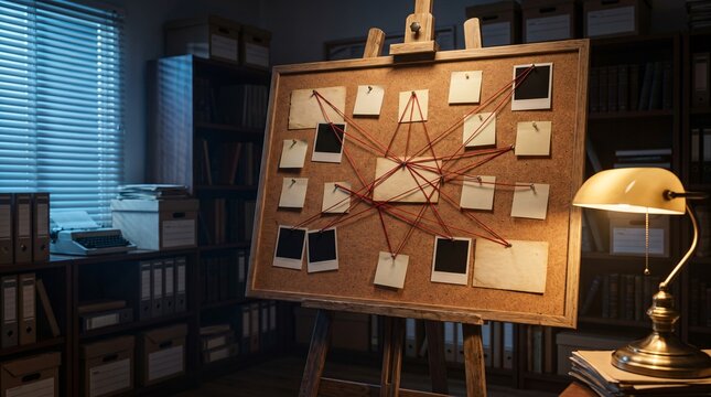 Detective crime evidence cork board with red string and desk lamp in a dark vintage office room with typewriter for police crime investigation, unsolved mystery case and conspiracy banner mockup