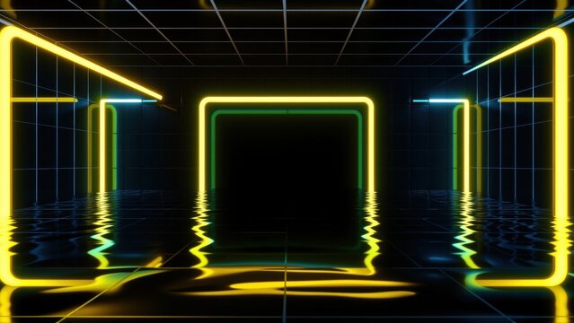 Neon lights form geometric shapes within dark space. Reflections create mirrored effect, suggesting infinite depth. Futuristic, vibrant scene.