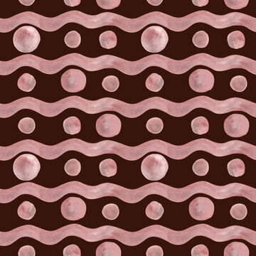 Hand painted watercolor ired pink waves dot striped burgundy background. Stripe seamless pattern. Stripes wave dotted illustration. For fabric, sketchbook, wallpaper, wrapping paper, cards, banner.