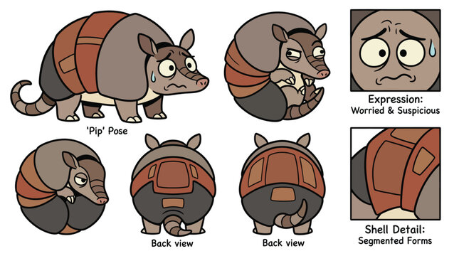 Cute cartoon armadillo character sheet showcasing various poses expressions angles and segmented shell armor details