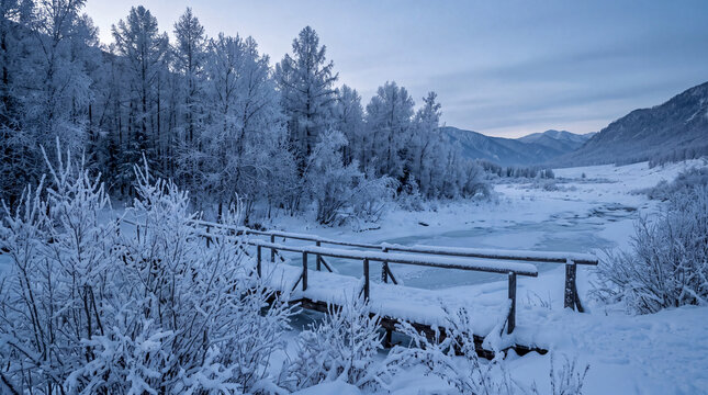 A snow-covered bridge crosses a frozen stream amid frosted trees, highlighting a crisp winter valley for landscape posters.