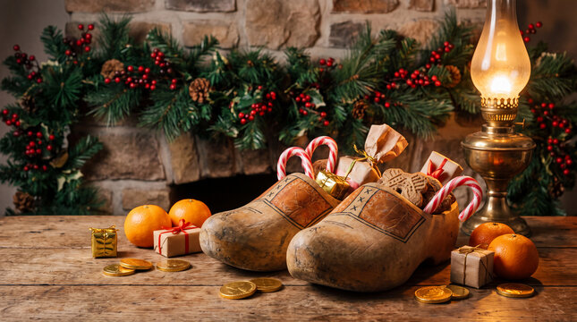 Candy canes and gold coins fill wooden shoes beside small wrapped gifts and a pine wreath, great for joyful St. Nicholas Day banners.
