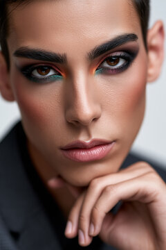 Close up portrait of a young male model with bold high-fashion colourful eyeshadow makeup.
