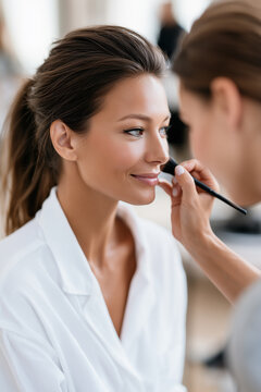 Side view of a beautiful woman receiving professional face makeup application with a brush in a beauty salon.