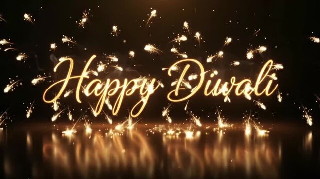 Happy Diwali text written in golden sparkler firecrackers glowing on black background, Happy Diwali video, Diwali celebration, Diwali sparkler, festival of lights, Deepavali, fireworks, text effect