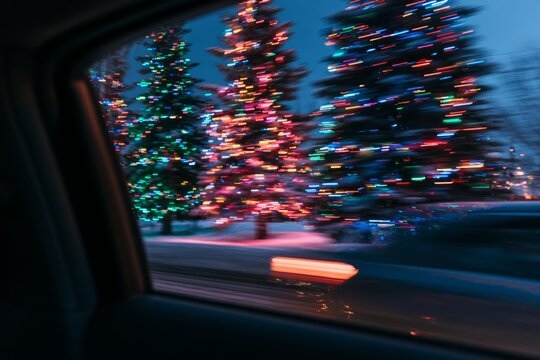 Colorful Christmas Trees With Motion Blur From Moving Car