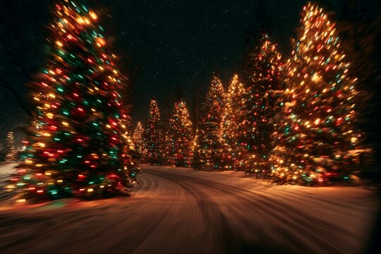 Driving Along Snowy Christmas Road With Colorful Illuminated Trees