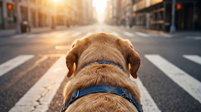 A labrador guide dog with a blue harness steps onto a crosswalk at sunrise, expressing independence and courage for World Braille Day posters.