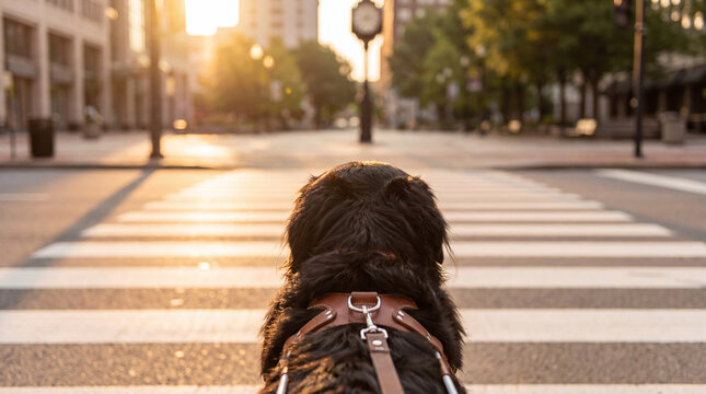A Bernese mountain dog guide dog crosses a wide pedestrian crosswalk, showcasing strength and trust for World Braille Day awareness posters.