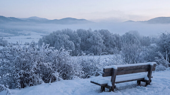 A snow-covered bench sits among frosted bushes with a mountain valley beyond, perfect for peaceful winter season campaign visuals.