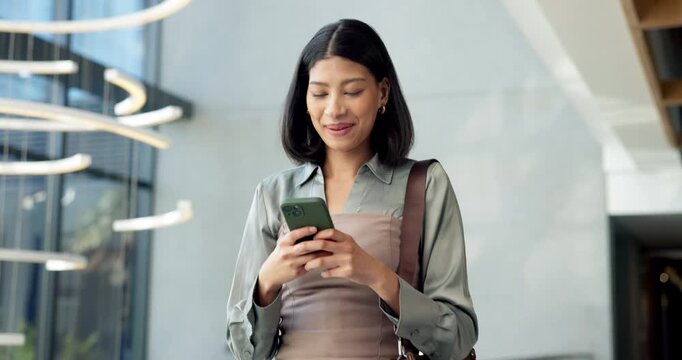 Woman, walk and laugh in business with phone, send funny text message and online meme for work chat. Happy, person and typing in office with tech, social media joke and mobile app for internet humor.