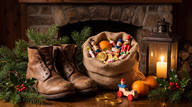 A gift bag overflowing with candy, gold coins and a small toy sits next to wooden boots, capturing magical St. Nicholas Day joy for posters.