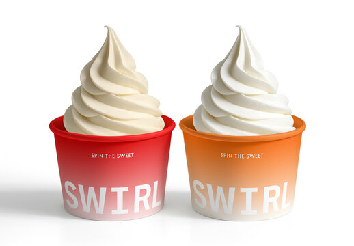 Ice Cream Cup Mockup PSD With Red And Orange Designs On A White Background