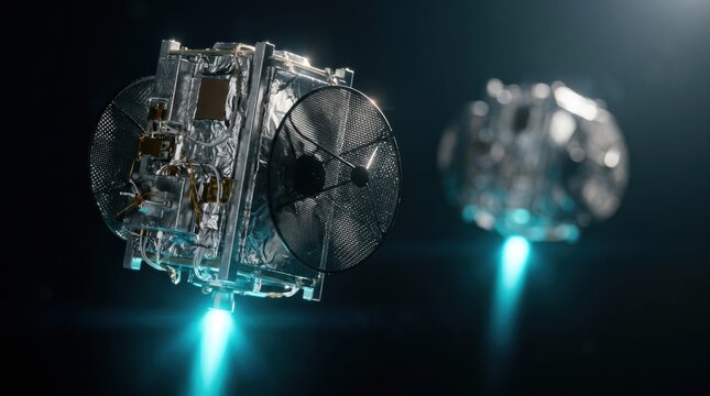 Pair of silver microsatellites with mesh parabolic reflector dishes and glowing cyan ion thruster plumes operating in orbit.
