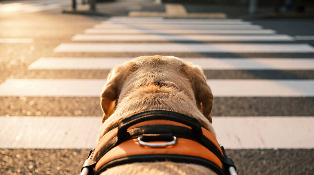 A labrador guide dog crosses a city crosswalk in an orange harness, radiating freedom and confidence for World Braille Day campaign content.
