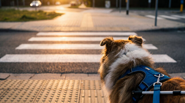 A collie guide dog approaches a tactile crosswalk in a blue harness, highlighting trust and accessibility for World Braille Day social media banners.